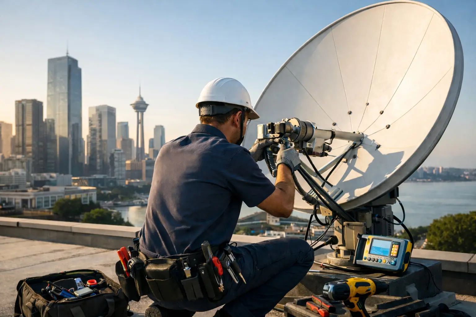 Satellitentechniker auf einem Dach bei der Arbeit an einer Satellitenanlage