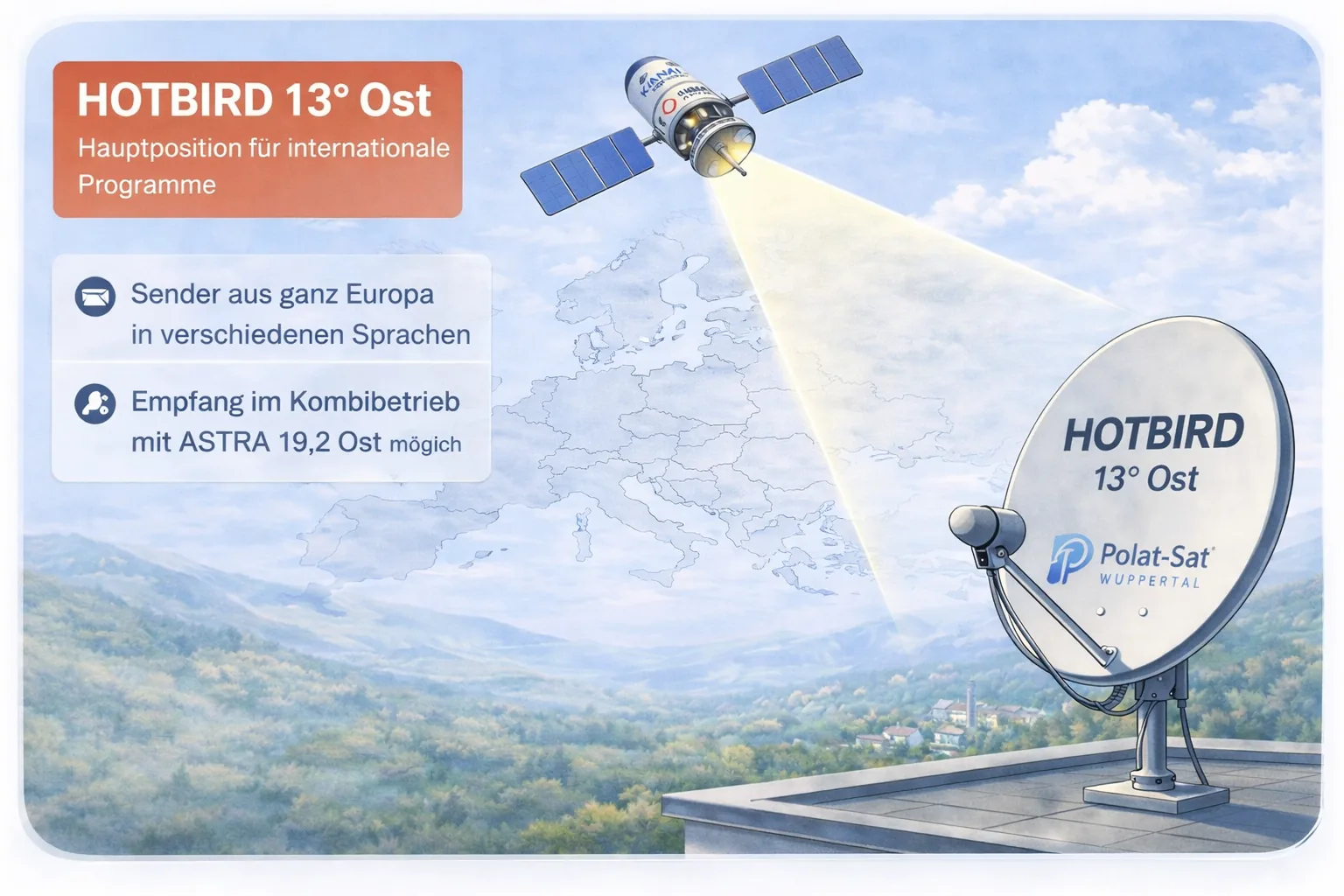 Illustration zu Hotbird 13 Ost für internationale Programme in Europa mit Polat-Sat Schüssel