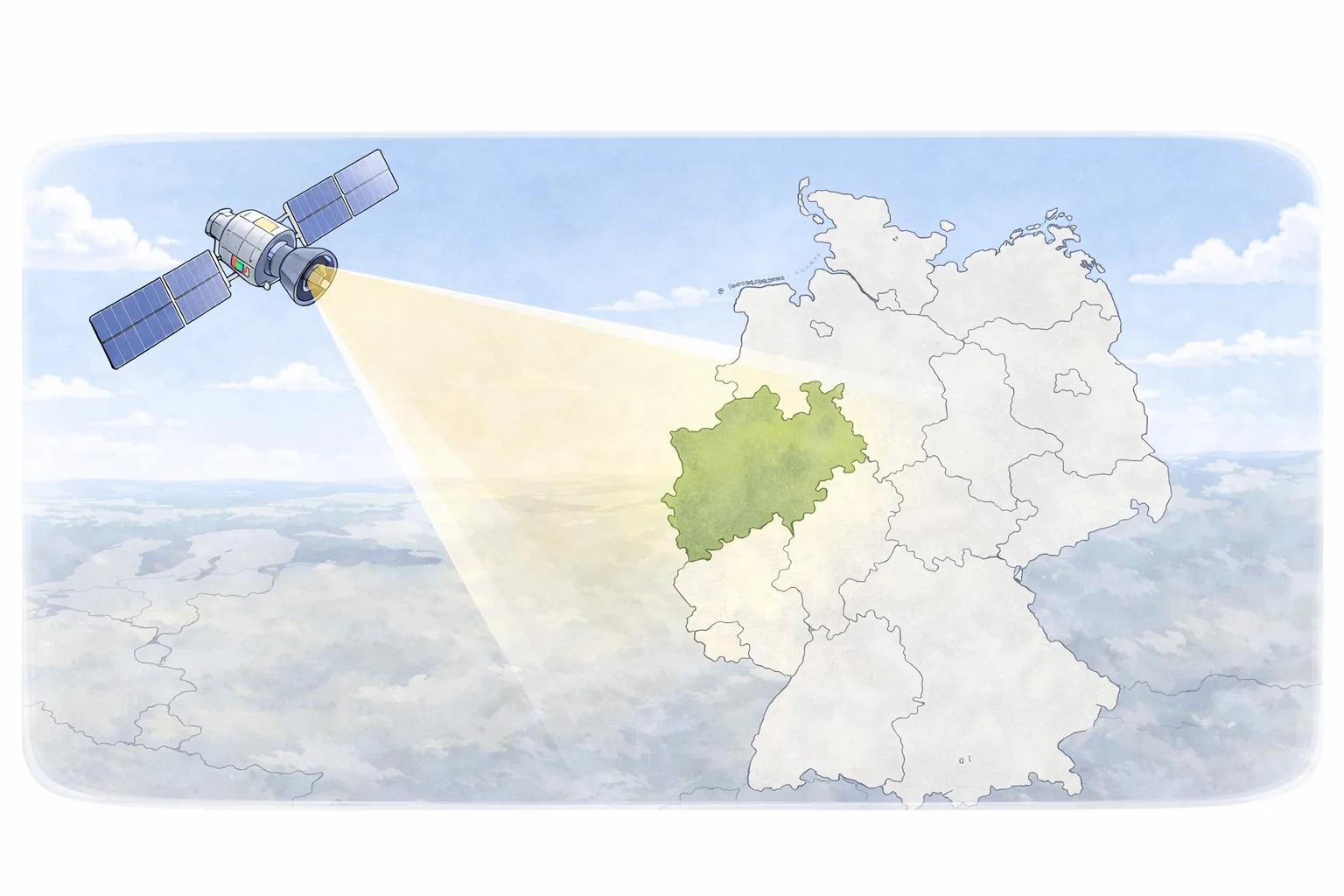 Deutschlandkarte mit hervorgehobenem Nordrhein-Westfalen und Satellit mit Ausleuchtungszone auf NRW