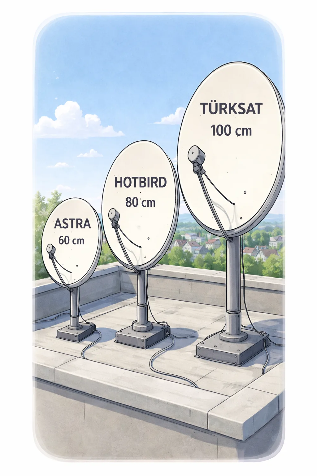 Vergleich von drei Satellitenschüsseln für Astra, Hotbird und Türksat auf einem Flachdach