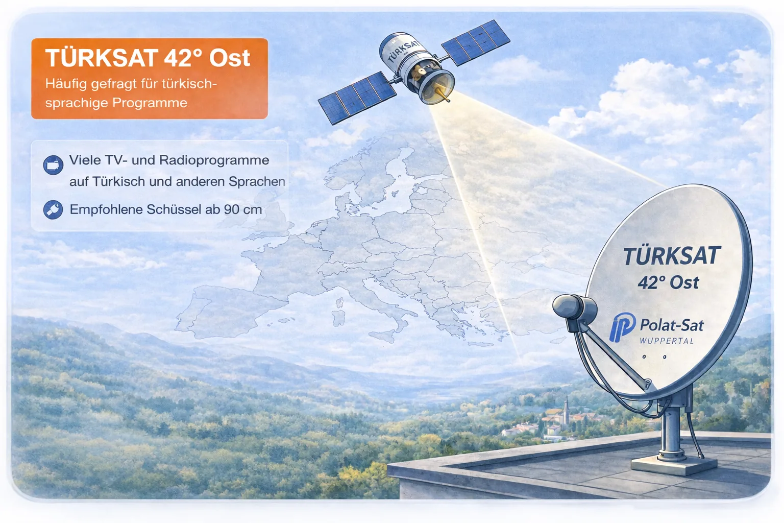 Illustration zu Türksat 42 Ost mit Satellitenbeam über Europa und Polat-Sat Schüssel